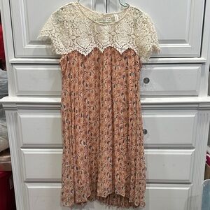 Xhilaration Peach Floral Dress with Cream Lace Yoke